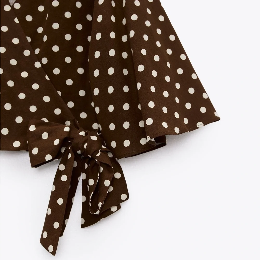 NWT. Zara Brown/Cream Polka Dots Crop Top with Bow. Size L. - Picture 7 of 12